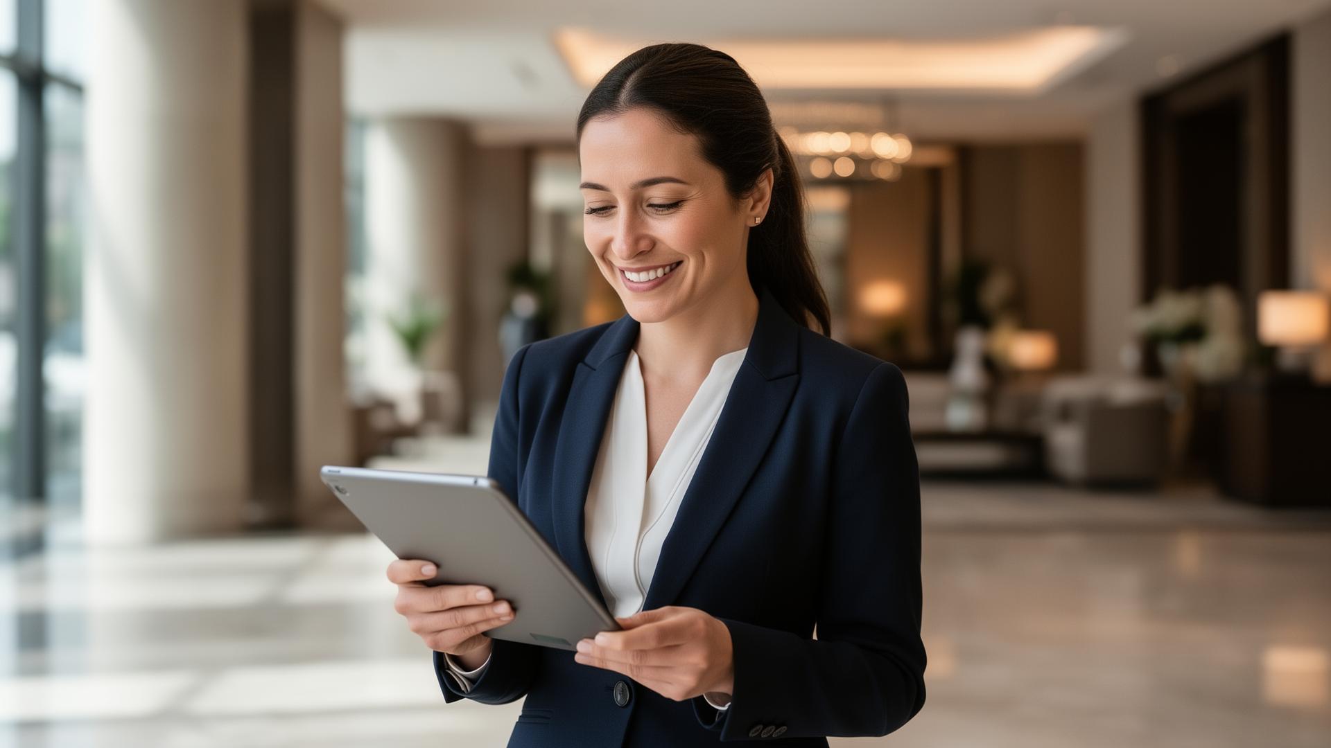 Satisfied hospitality director with tablet